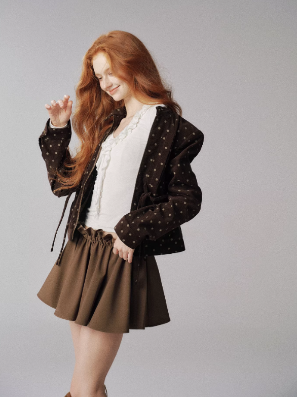 "可可焦糖" Khaki Ruffle-Waist Puff Mini Skirt - MIU-Inspired