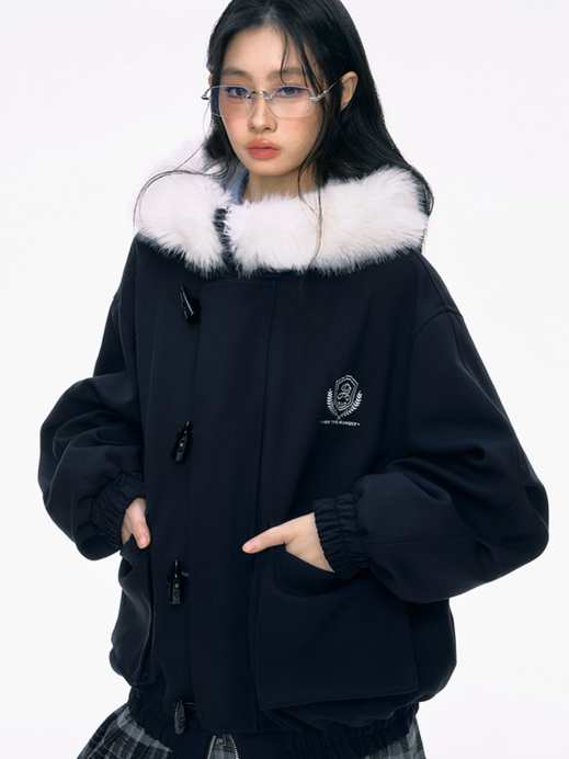 PCH - Navy Blue Padded Jacket with Faux Fur Collar