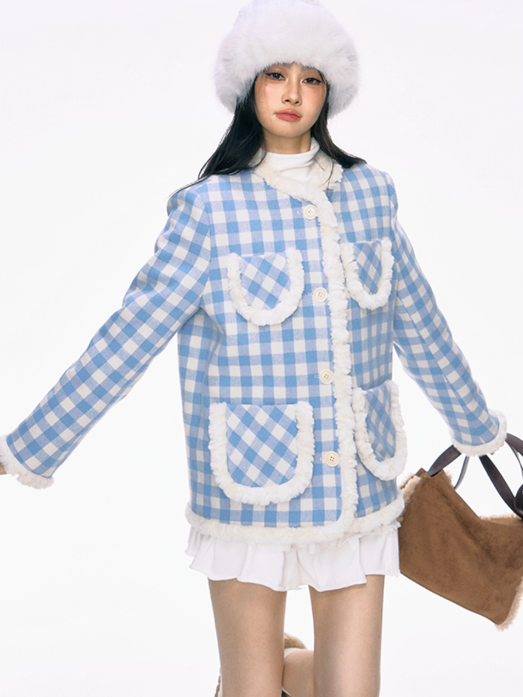 PCH - Chanel-Inspired Blue Tweed Wool-Blend Coat