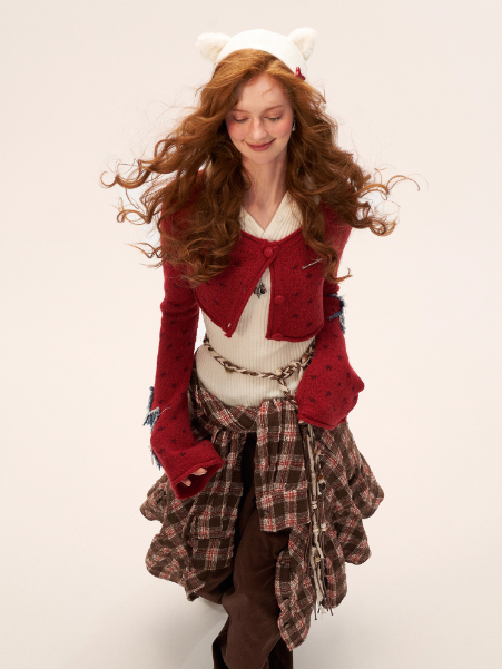 MAMC - Star Patch Cropped Knit Cardigan (Wine Red)