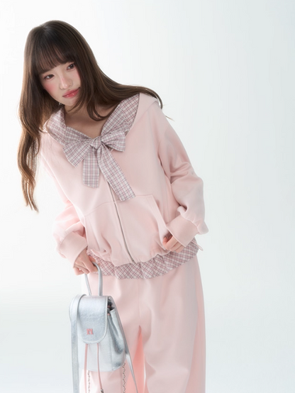 罐头士多所 - Pink Plaid Bow Hoodie & Jogger Set – Preppy Girl Matching Loungewear