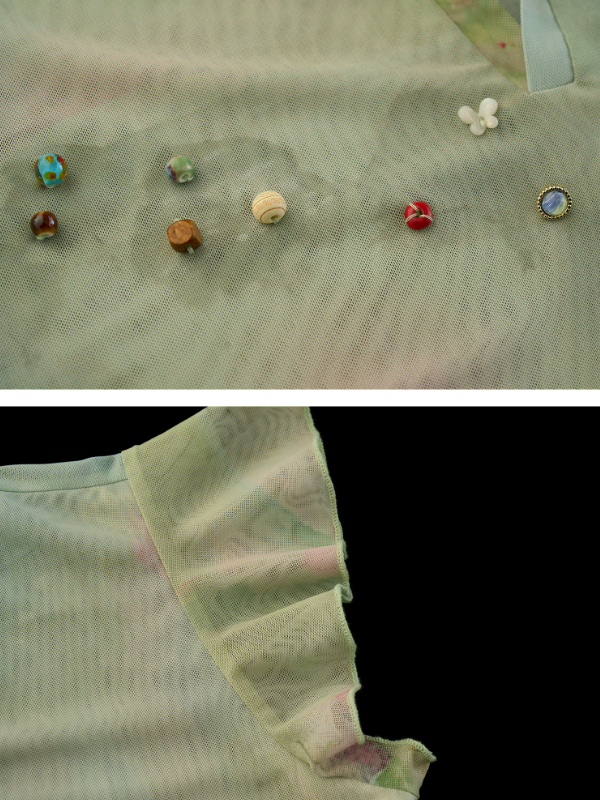 "Vintage Oil Bloom" Beaded Flutter Sleeve Polo Top WE958