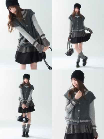 罐头士多所 - Soft Wave Contrast Color Ruffle Edge Knit Cardigan