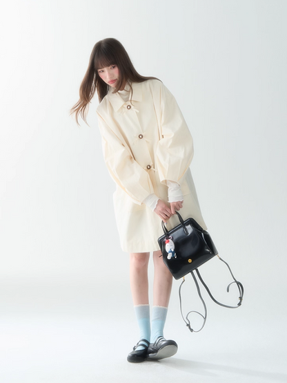 罐头士多所 - Minimal Beige Bow Detail Trench Coat – Puff Sleeve Fall Outerwear