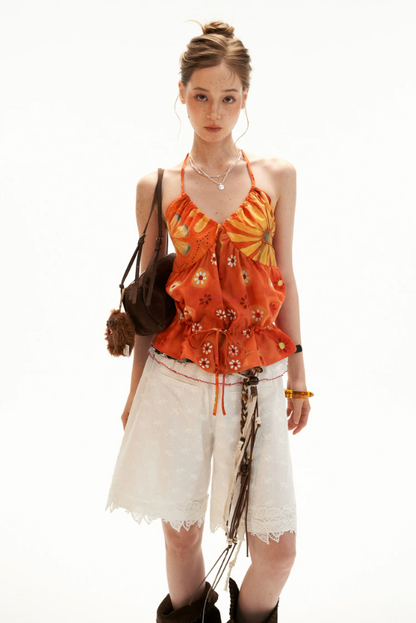White Lace Trim Relaxed Cotton Shorts