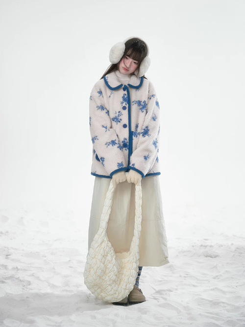 潘羅羅 - Blue Floral Imitation Lambswool Jacket