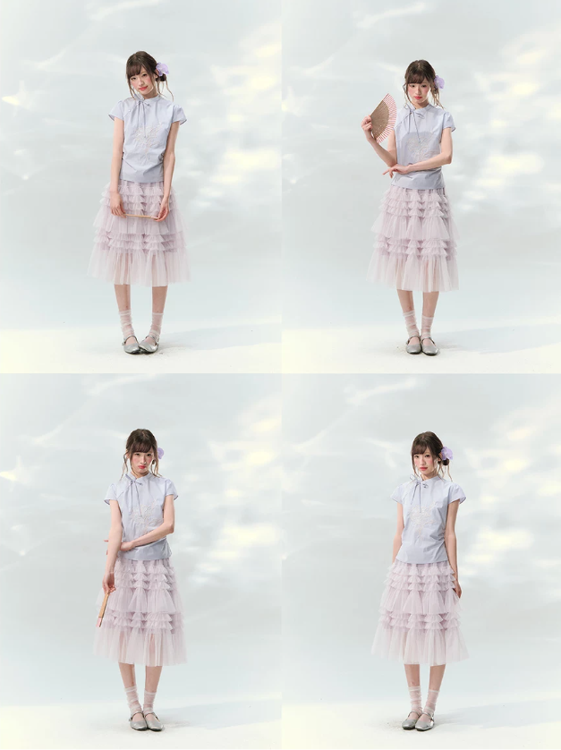 “Taro Peach Layers” Dusty Lilac Tiered Tulle Midi Skirt