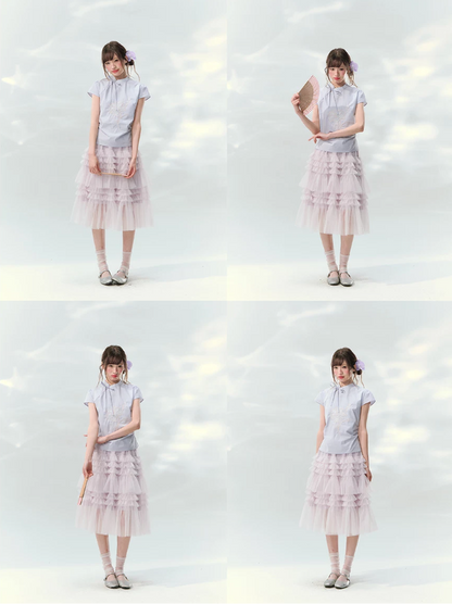 “Taro Peach Layers” Dusty Lilac Tiered Tulle Midi Skirt