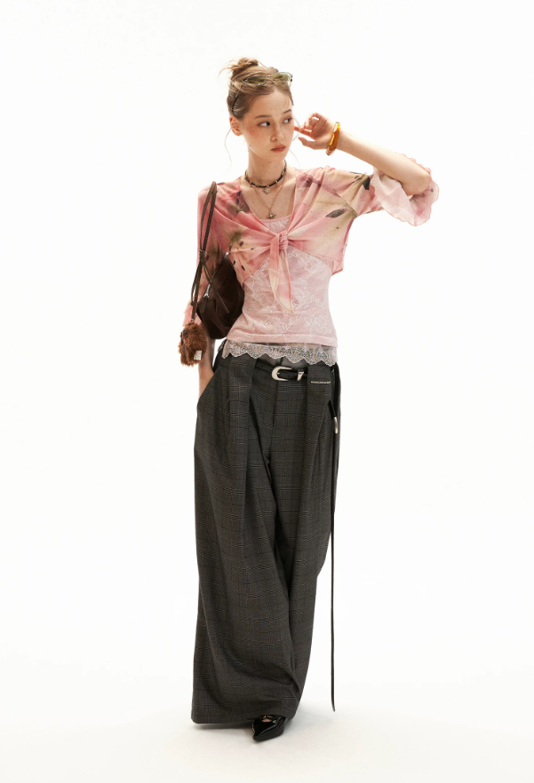 Floral Lace Trim Cami & Tie-Front Cardigan Set WE957