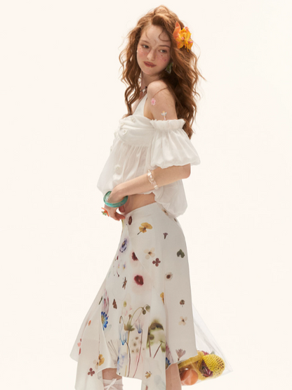 "Ethereal Blossom Veil" Puff Sleeve Layered Camisole Top – White WE925