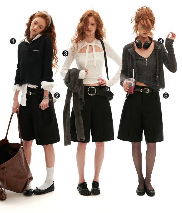 Tailored High-Waist Bermuda Suit Shorts (White / Black)