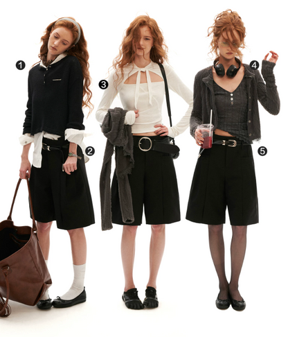 Tailored High-Waist Bermuda Suit Shorts (White / Black)