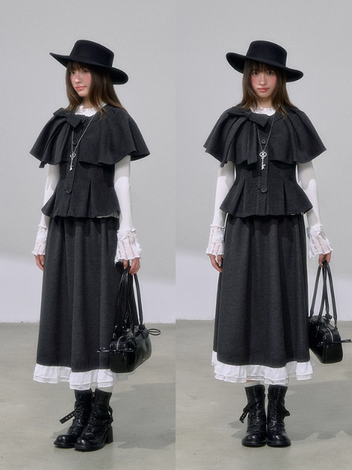 "夜昙谜境" Witch-Inspired Black Cape Top & Gray A-Line Skirt Set