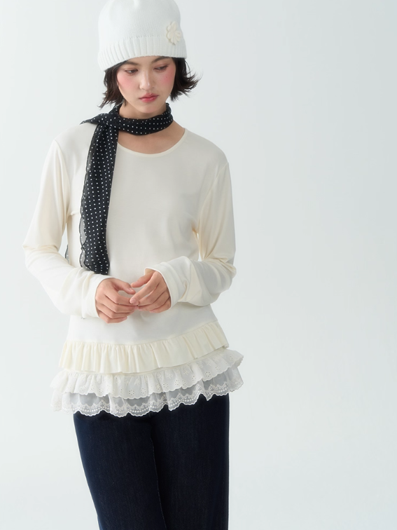 罐头士多所 - Soft Beige Layered Lace Knit Top – Feminine Fall Base Layer
