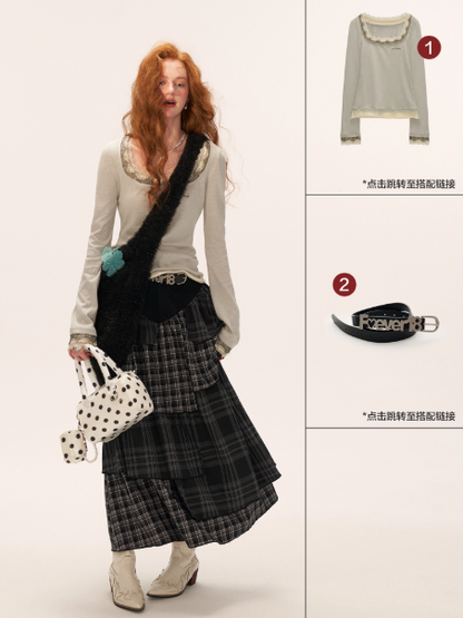 MAMC - Black Plaid Layered Midi Skirt with Denim Patchwork