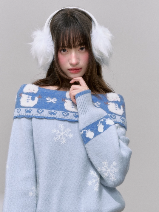 "雪境梦游记" Off-Shoulder Fair Isle Sweater (Baby Blue)