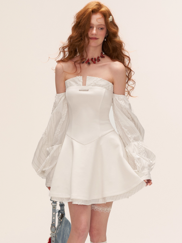 MAMC - Plaid Lantern Sleeve Corset Dress (White)
