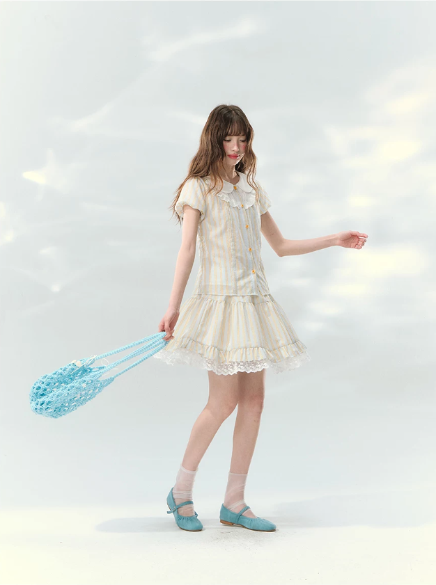 “Spring Lemon Breeze” Milk Blue Striped Shirt & Tiered Mini Skirt Set