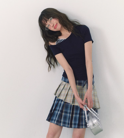 罐头粪便 - Preppy Gingham Patchwork One-Shoulder Tee – Slim Fit Summer Style