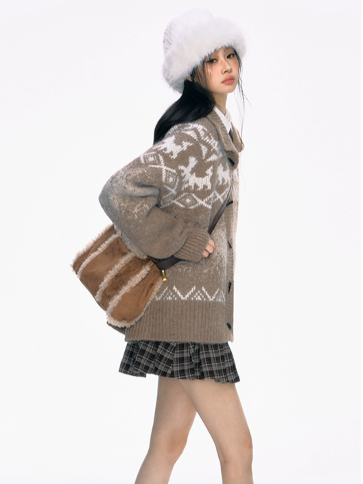 PCH - Camel High-Neck Knit Cardigan with Toggle Buttons