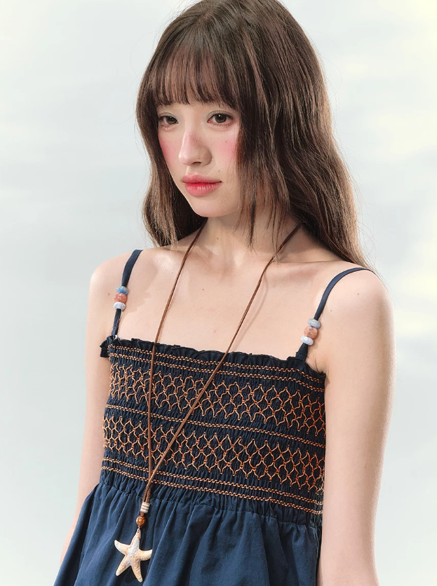 “Bohemian Travel Notes” Navy Beaded Cami & Tiered Maxi Skirt Set