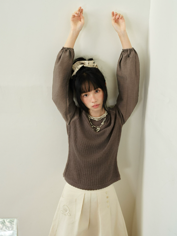 DAILY ARTIST - “Soft Woven Wind” Silk-Wool Sheer Sleeve Knit Top (Brown / Beige)
