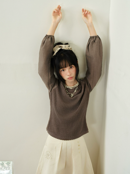 DAILY ARTIST - “Soft Woven Wind” Silk-Wool Sheer Sleeve Knit Top (Brown / Beige)