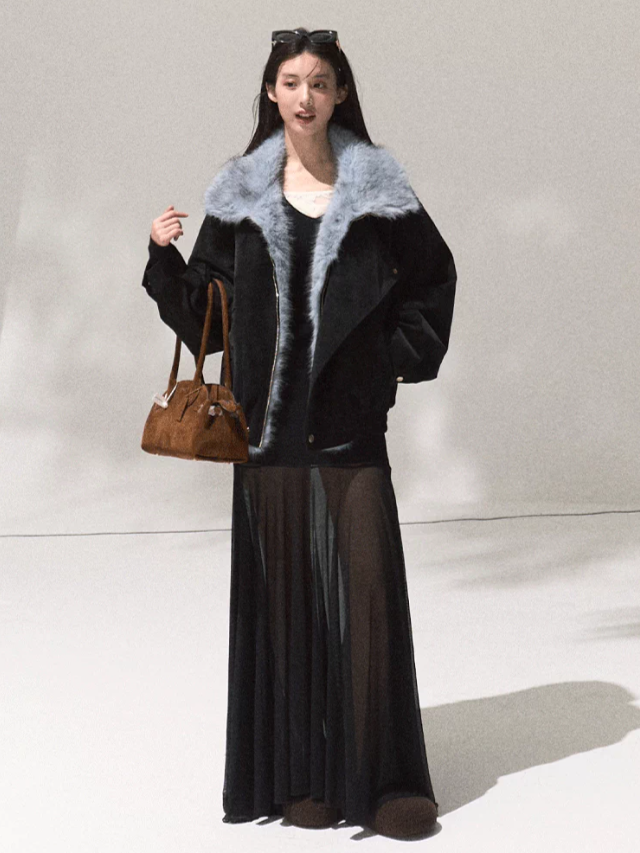OAKMOO/ Quiet Black Faux Leather Jacket with Gradient Faux Fur Collar
