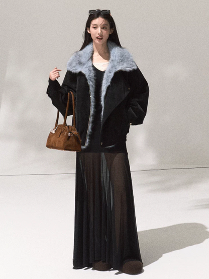 OAKMOO/ Quiet Black Faux Leather Jacket with Gradient Faux Fur Collar