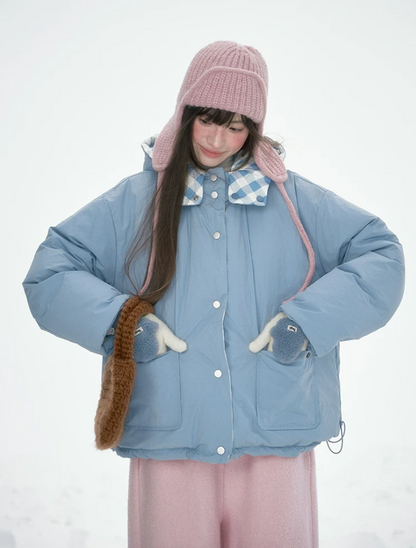 [CAN] Blue Plaid Reversible 90% White Duck Down Hooded Puffer Jacket