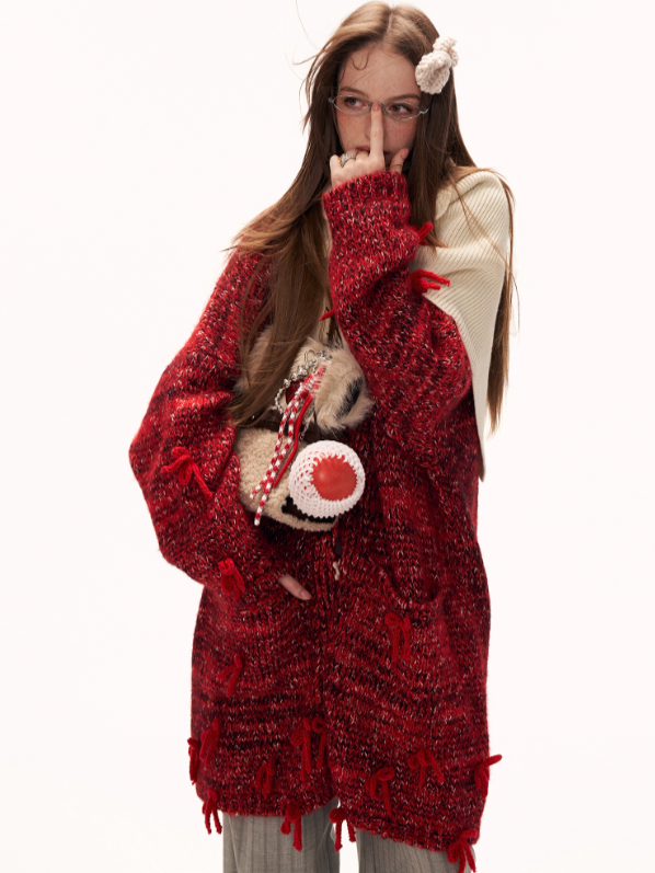 MAMC - Mid-Length Red Bow & Floral Knit Cardigan WE900