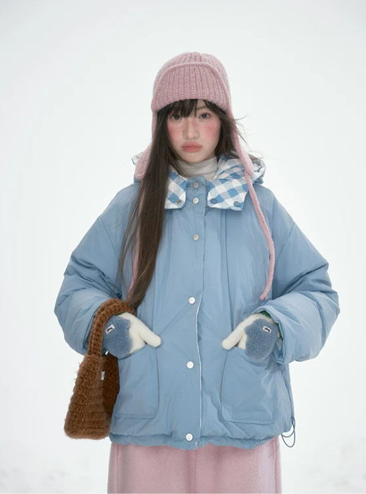 [CAN] Blue Plaid Reversible 90% White Duck Down Hooded Puffer Jacket