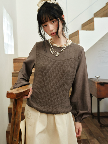 DAILY ARTIST - “Soft Woven Wind” Silk-Wool Sheer Sleeve Knit Top (Brown / Beige)
