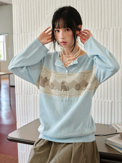 DAILY ARTIST - Light Blue Cat & Yarn Ball Henley Knit Pullover (With Matching Scarf)