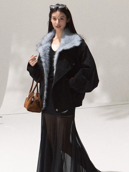 OAKMOO/ Quiet Black Faux Leather Jacket with Gradient Faux Fur Collar