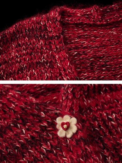 MAMC - Mid-Length Red Bow & Floral Knit Cardigan WE900