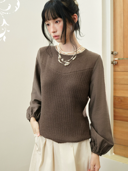 DAILY ARTIST - “Soft Woven Wind” Silk-Wool Sheer Sleeve Knit Top (Brown / Beige)