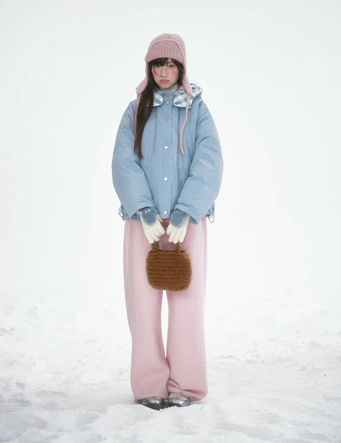 [CAN] Blue Plaid Reversible 90% White Duck Down Hooded Puffer Jacket