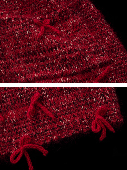 MAMC - Mid-Length Red Bow & Floral Knit Cardigan WE900