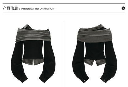 MAMC - Black Y2K Layered Plaid Off-Shoulder Sweatshirt