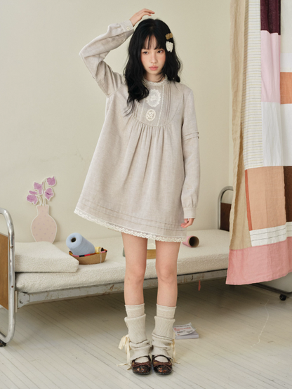 DAILY ARTIST - “Pale Twilight Sequence” Vintage Lace Appliqué Babydoll Dress (Light Brown / Pale Yellow)