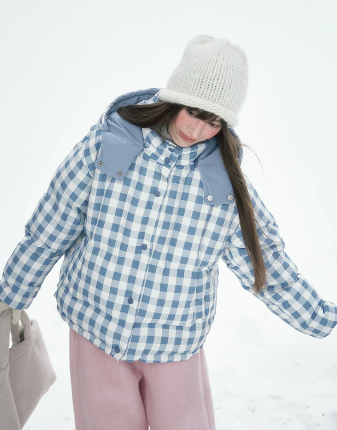 [CAN] Blue Plaid Reversible 90% White Duck Down Hooded Puffer Jacket