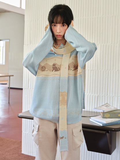 DAILY ARTIST - Light Blue Cat & Yarn Ball Henley Knit Pullover (With Matching Scarf)