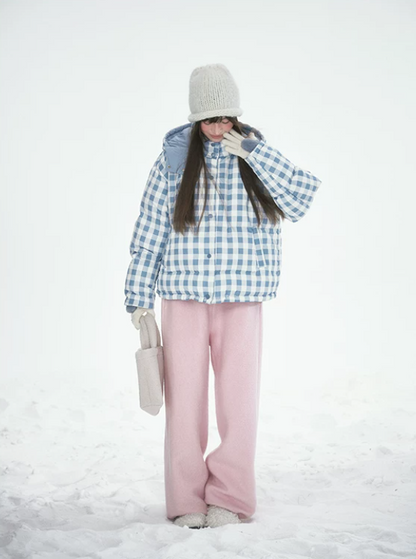 [CAN] Blue Plaid Reversible 90% White Duck Down Hooded Puffer Jacket