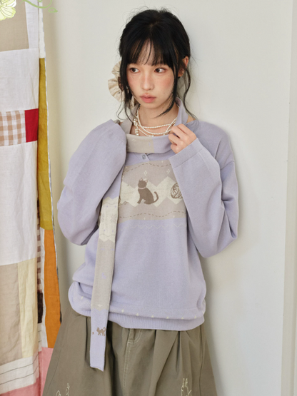 DAILY ARTIST - Taro Purple Cat & Yarn Ball Henley Knit Pullover (With Matching Scarf)