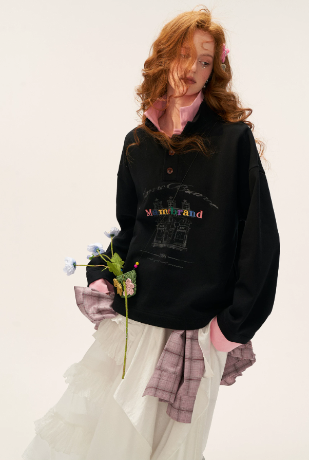 MAMC - Fake Two-Piece Buttoned Polo Sweatshirt - BLACK