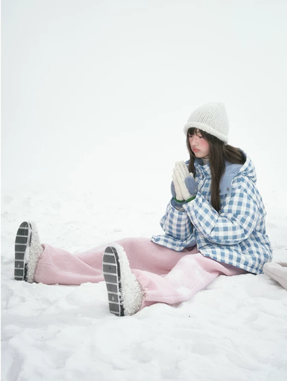 [CAN] Blue Plaid Reversible 90% White Duck Down Hooded Puffer Jacket