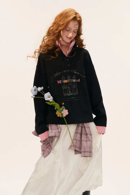 MAMC - Fake Two-Piece Buttoned Polo Sweatshirt - BLACK
