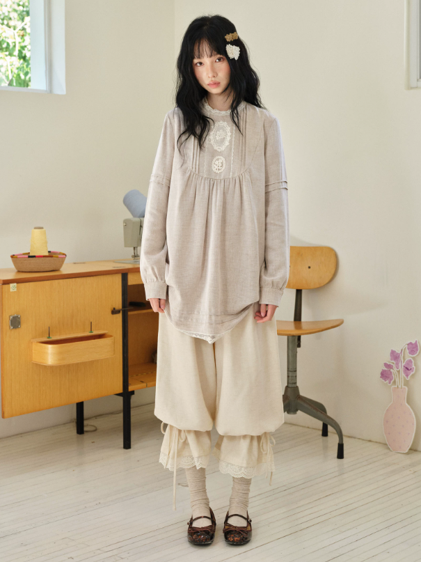 DAILY ARTIST - “Pale Twilight Sequence” Vintage Lace Appliqué Babydoll Dress (Light Brown / Pale Yellow)