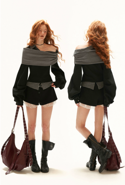 MAMC - Black Y2K Layered Plaid Off-Shoulder Sweatshirt